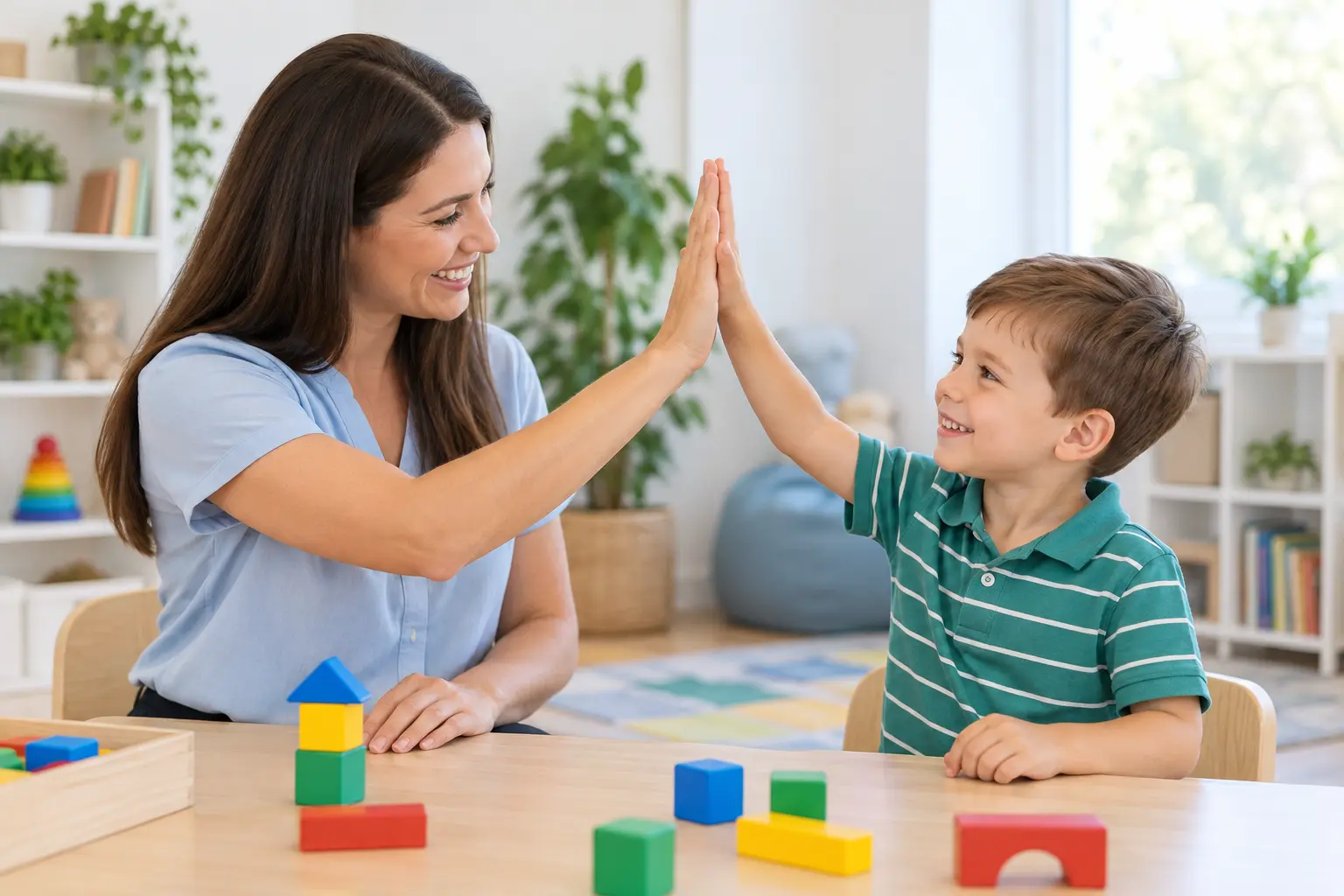 A smiling therapist and child giving each other a high-five