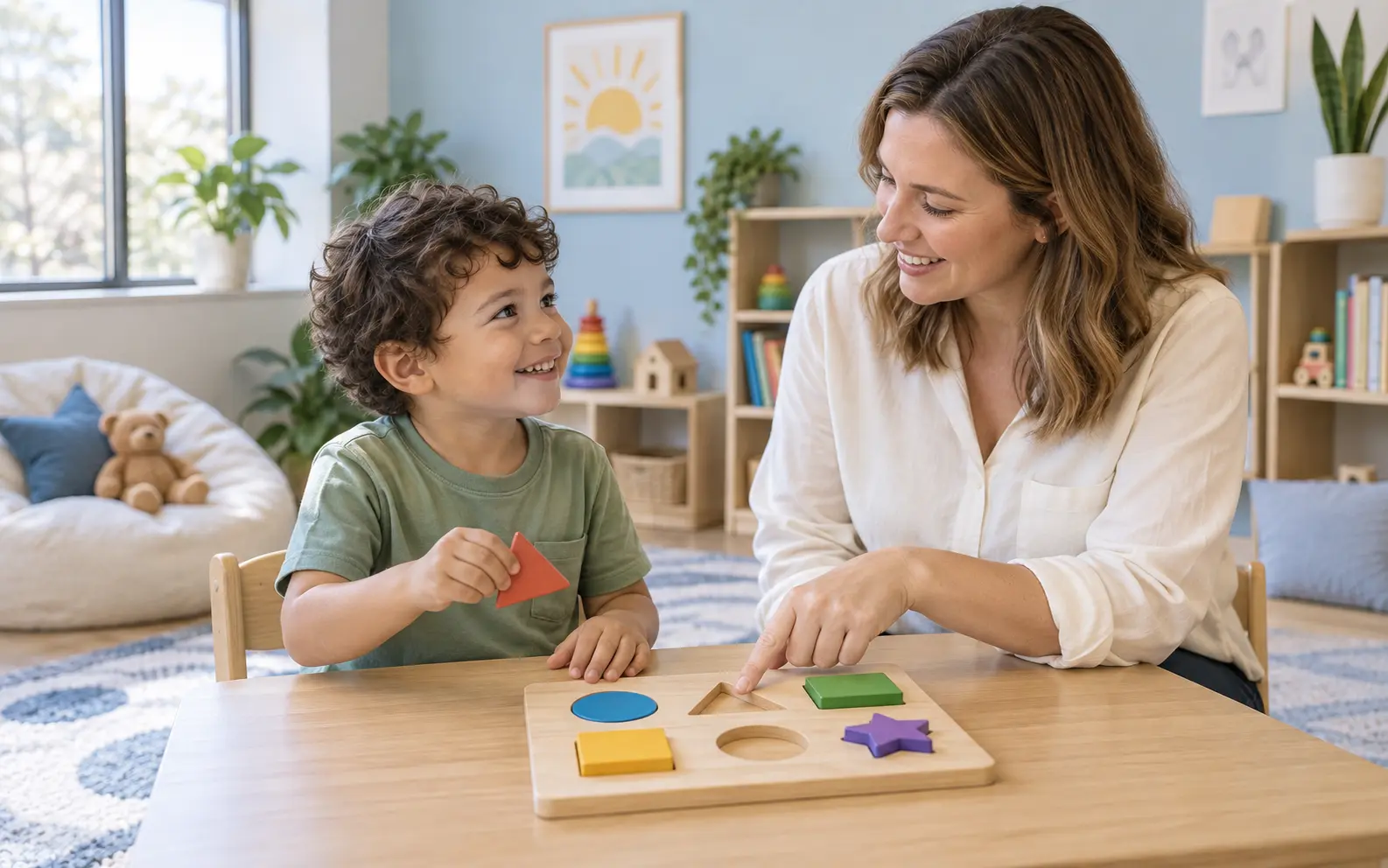 A child and therapist working together on a wooden shape puzzle