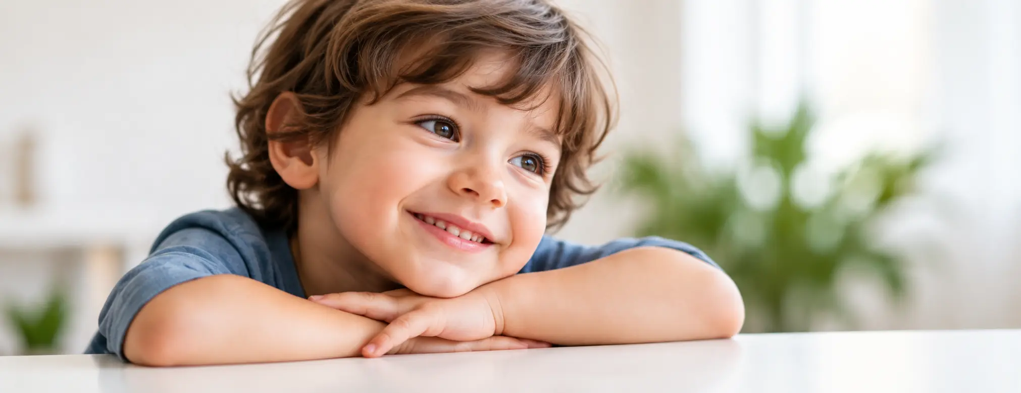 A smiling child resting their chin on their hands