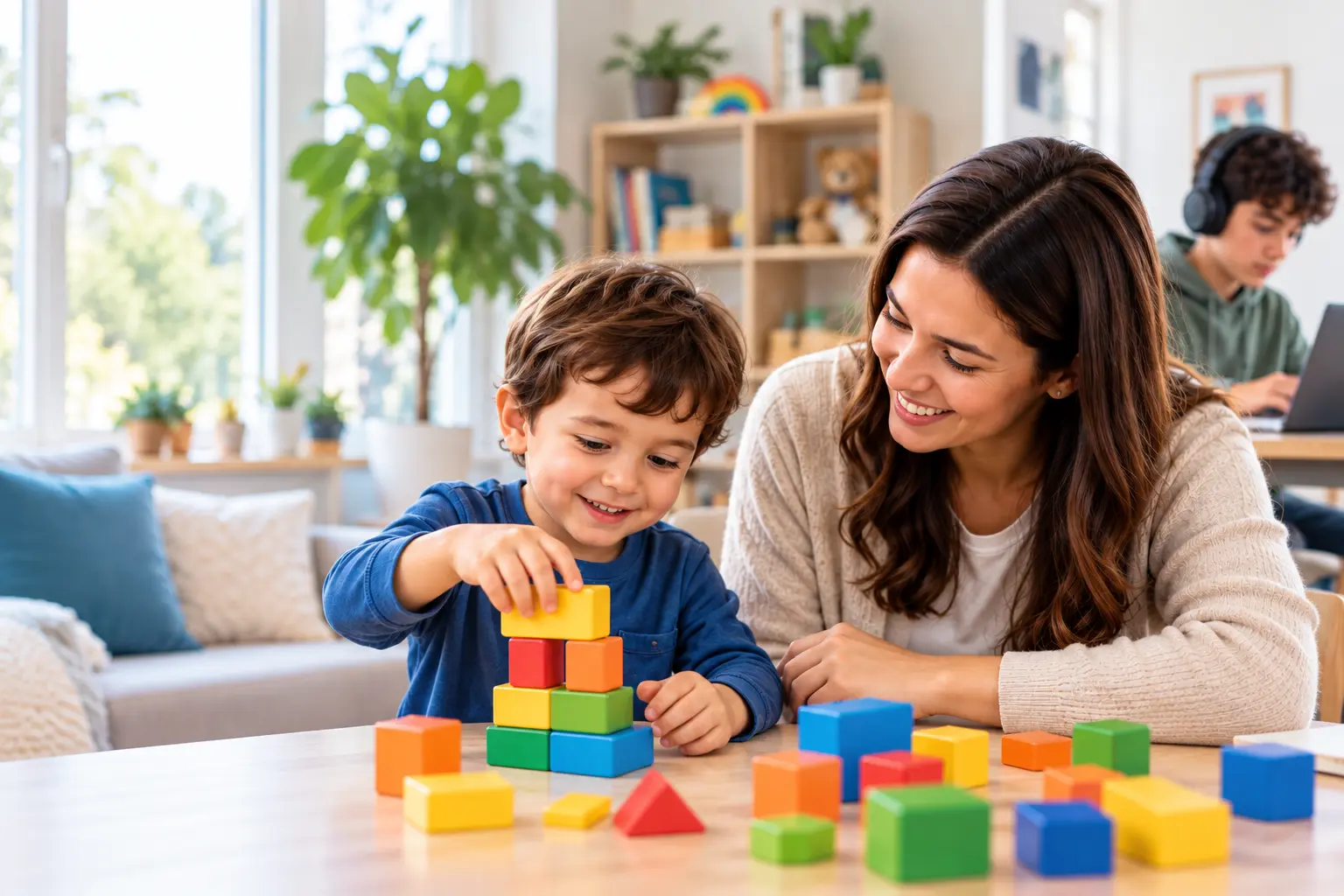 A child playing with building blocks alongside a therapist